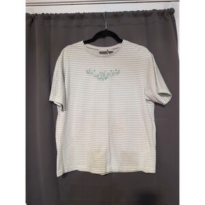 Classic Elements Women's Large Floral Embroidered Shirt, Striped Green & White